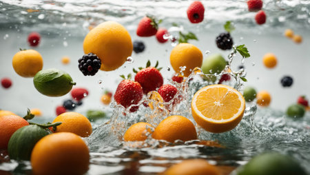 Fresh fruits falling into water with splash, closeup view. Healthy food conceptの素材