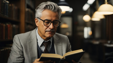 senior man reading book in library. Middle-aged male in glasses and a suitの素材