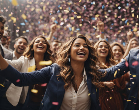 Group of friends having fun with confetti at a music festivalの素材