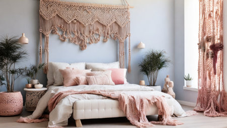 pink bedroom interior with comfortable bed and decorative elementsの素材