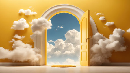 3D rendering of an open door in a yellow room with clouds in the skyの素材
