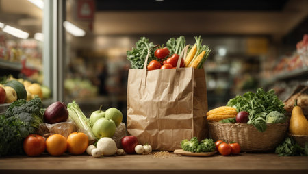 Paper bag full of fresh vegetables on wooden table in grocery storeの素材