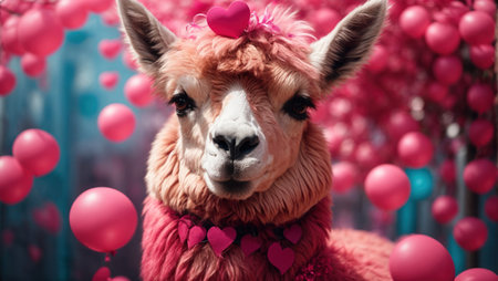 Cute alpaca with pink heart shaped balloons. Valentine's Day conceptの素材