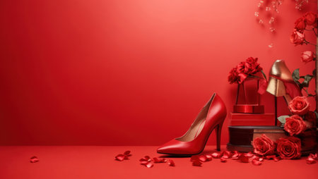 Red roses, shoes and gift box on red background. Valentine's day conceptの素材