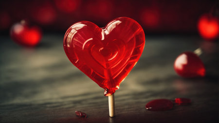 Red heart shaped lollipop on dark background. Valentine's Dayの素材