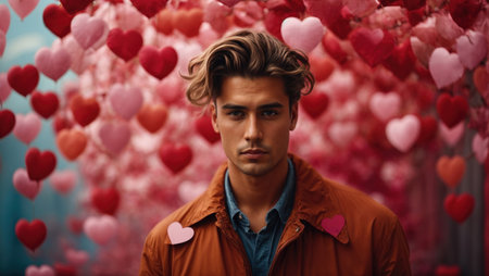 Handsome young man with red hearts in the background. Romantic conceptの素材