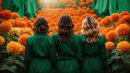 Back view of three girls in green dressesの素材