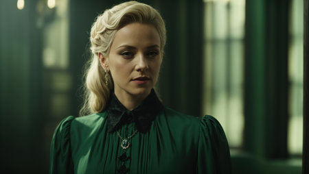 blonde woman in a green dressの素材
