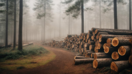 Woodpile of cut trees in the forest in the fog, deforestationの素材