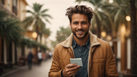 young man holding credit card and smilingの素材