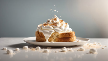 Cake with whipped cream and meringue on a white plateの素材