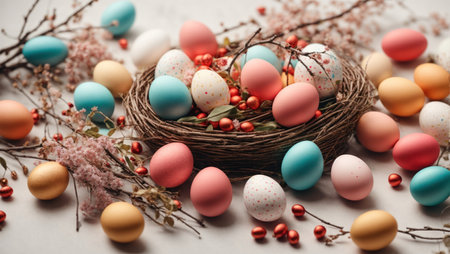 Colorful easter eggs in nest. Happy Easter conceptの素材