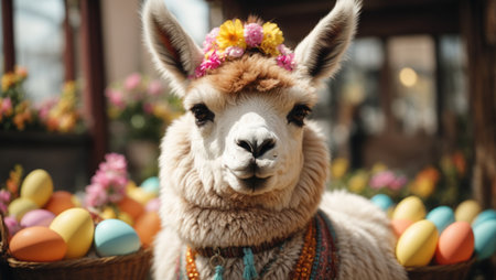 Easter, Easter concerta, Llama with colorful Easter eggsの素材