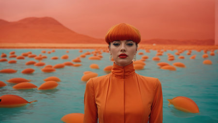 Fashionable woman in orange dress and red hairの素材