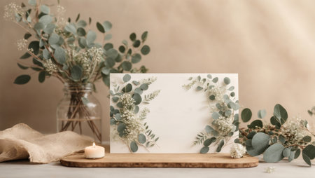 Eucalyptus branches, eucalyptus leaves in vase and blank cardの素材
