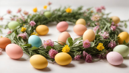 Colorful easter eggs and flowers, Easter wreathの素材