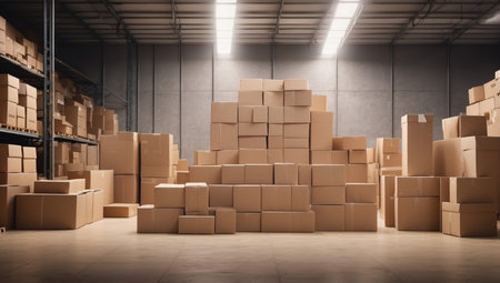 Large warehouse with rows of cardboard boxesの素材