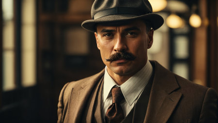 man with mustache in a suit and hatの素材