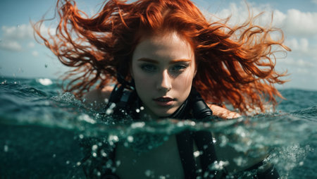 red-haired girl in a wetsuit swims in the seaの素材