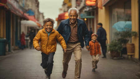 African American father and son having fun together in the street. Happy family conceptの素材