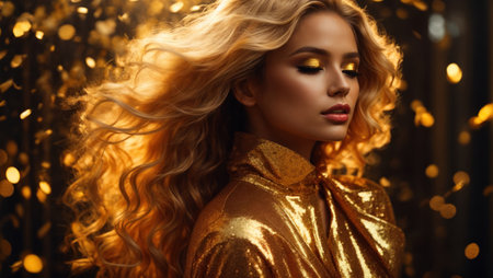 Beautiful blonde girl with long curly hair in a golden dress on a background of golden confettiの素材
