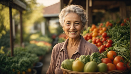 senior woman holding basket with fresh vegetables at farmの素材