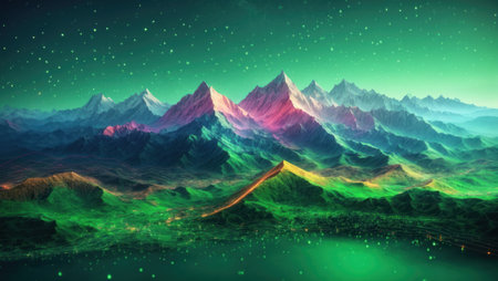 Fantasy landscape with mountains and stars. Digital art. 3D renderingの素材