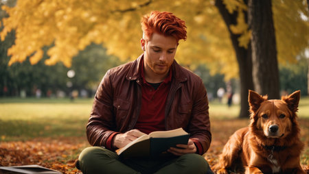 Young man with red hair reading a book in the autumn parkの素材