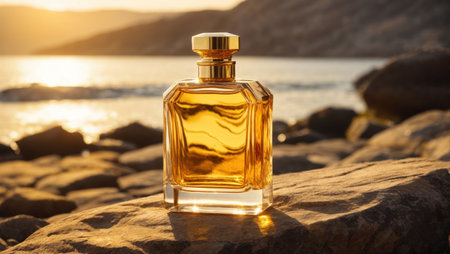Perfume bottle on the beach at sunset. Luxury fragranceの素材
