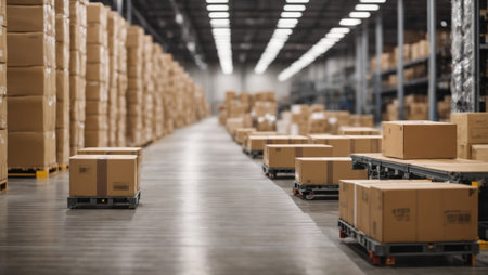 Warehouse or storehouse with rows of boxes on shelves and racksの素材