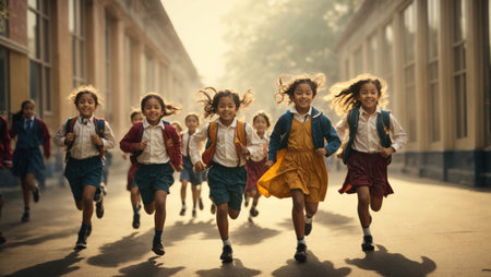 Group of children running in the schoolの素材