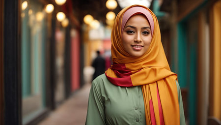 beautiful muslim woman wearing hijab in the cityの素材