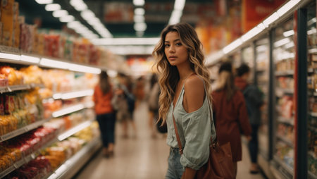 young woman shopping in the supermarketの素材