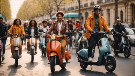 Group of people on scooter in the cityの素材