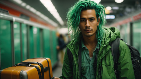 man with green hair at the train stationの素材