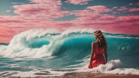 woman standing on the wave and looking at the oceanの素材