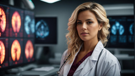 serious female doctor in medical officeの素材