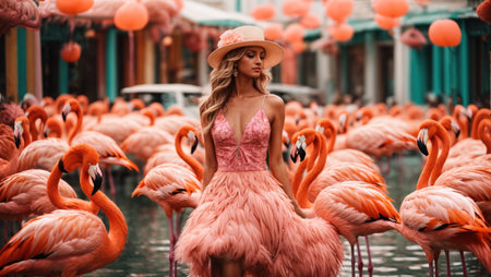 model posing with pink flamingosの素材