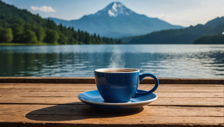 cup of coffee against the background of mountainsの素材