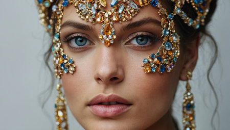 Portrait of beautiful young woman with jewelry on her face. Beauty and fashionの素材