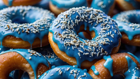 Blue glazed donuts with sprinkles and sesame seedsの素材