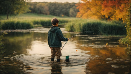 boy fishing on the pondの素材