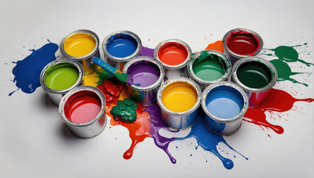 Paint cans and paint splashes isolatedの素材