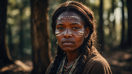 Portrait of an African woman with a painted face in the forestの素材