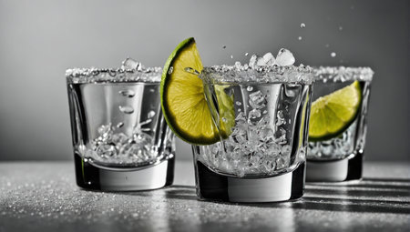 Tequila shots with ice and limeの素材