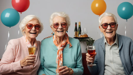 happy senior women with glasses of champagneの素材