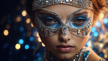 Portrait of a beautiful girl in a blue carnival maskの素材