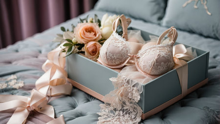 Beautiful lingerie in a gift box on the bed in the bedroomの素材