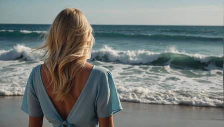 Blonde woman in blue dress standing on the beach and looking at the seaの素材