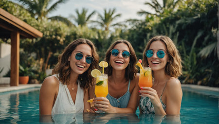 beautiful young women in sunglasses holding cocktails and smiling at camera in swimming poolの素材